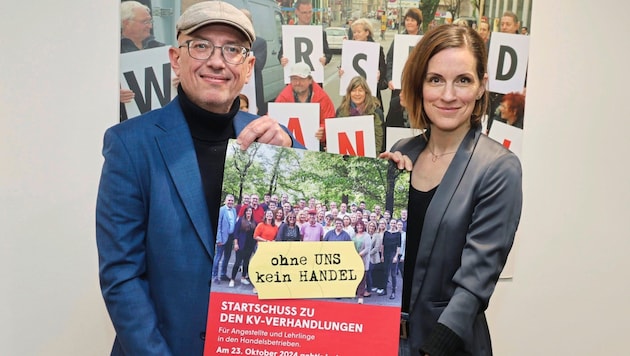 The negotiators from the GPA union, Veronika Arnost and Martin Müllauer, are demanding real income increases in the retail sector. (Bild: Zwefo)