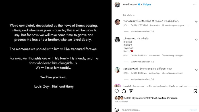 One Direction veröffentlichte ein berührendes Statement zum Tod von Liam Payne auf Instagram.