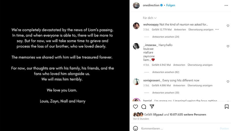 Die Band veröffentlichte dieses Statement zum Tod von Liam Payne auf ihrem Instagram-Account. (Bild: instagram.com/onedirection)