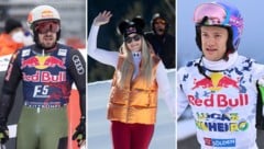 Marcel Hirscher (li.) ist im Training zurück – wie früher. Lindsey Vonn (mi.) wird heute 40, trainierte in Sölden. Lucas Braathen (re.) im Brasilo-Outfit. (Bild: GEPA pictures)