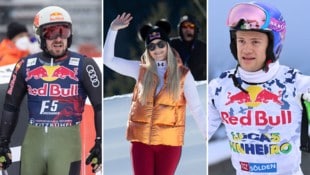 Marcel Hirscher (li.) ist im Training zurück – wie früher. Lindsey Vonn (mi.) wird heute 40, trainierte in Sölden. Lucas Braathen (re.) im Brasilo-Outfit. (Bild: GEPA pictures)