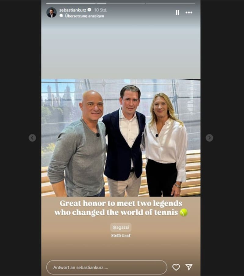 „Große Ehre“: Sebastian Kurz (mi.) mit den Tennis-Legenden Andre Agassi (li.) und Steffi Graf (re.). (Bild: instagram.com/sebastiankurz)