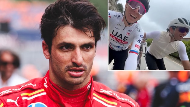 Carlos Sainz kam auf dem Rennrad zusammen mit Tadej Pogacar ins Schwitzen.  (Bild: GEPA pictures, instagram.com/carlossainz55)