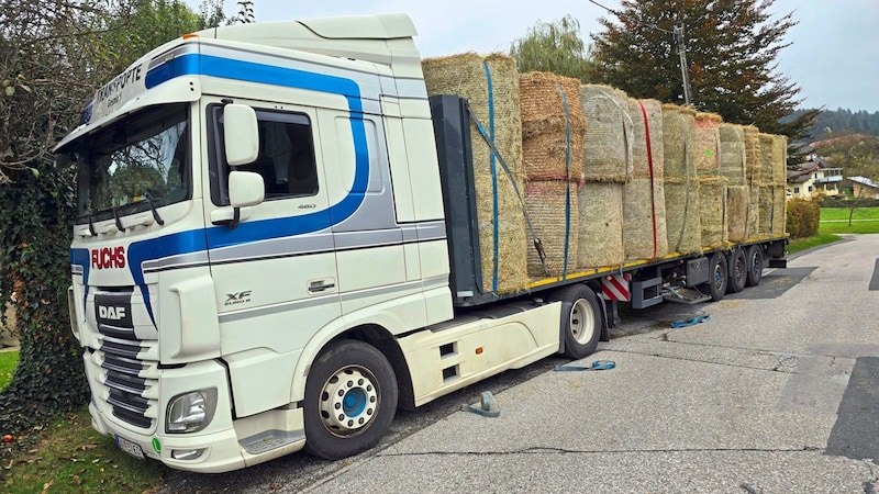 Der vollgeladene Transporter lieferte die gespendeten Heuballen nach Niederösterreich. (Bild: Sobe Hermann)