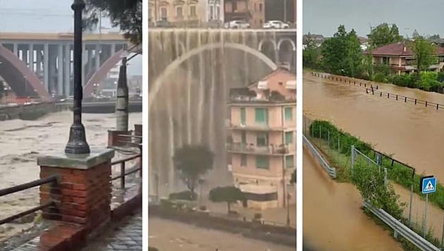 Masses of water thunder off a car bridge near Genoa into the river below. Numerous places in Italy were flooded during the storm. (Bild: Screenshots/X)