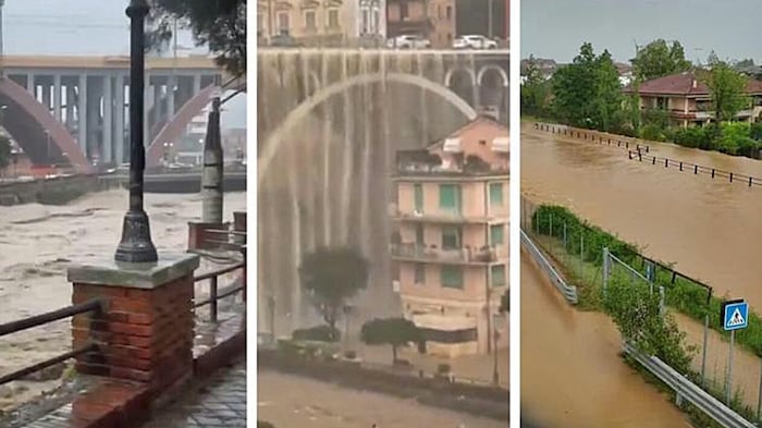 Wassermassen donnern bei Genua von einer Autobrücke in den darunterliegenden Fluss. Zahlreiche ...
