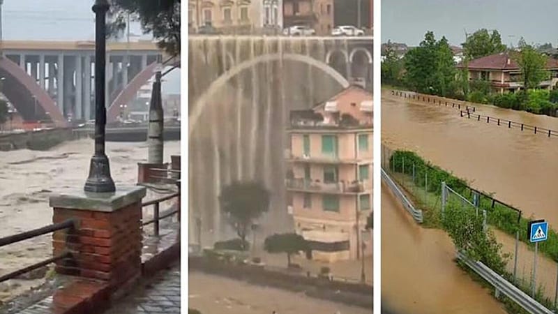 Wassermassen donnern bei Genua von einer Autobrücke in den darunterliegenden Fluss. Zahlreiche Orte in Italien wurden beim Unwetter überschwemmt. (Bild: Screenshots/X)