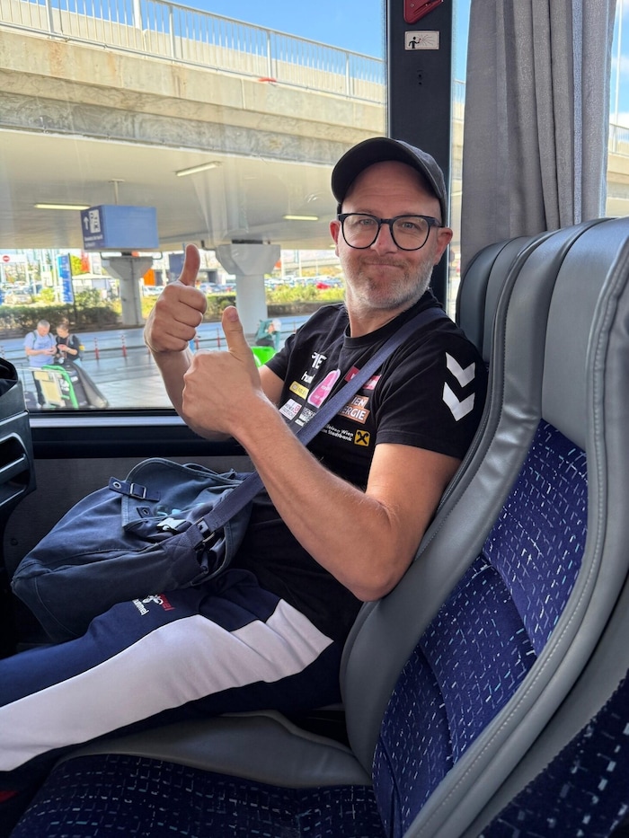 Fivers coach Peter Eckl on the journey to Chalkida.