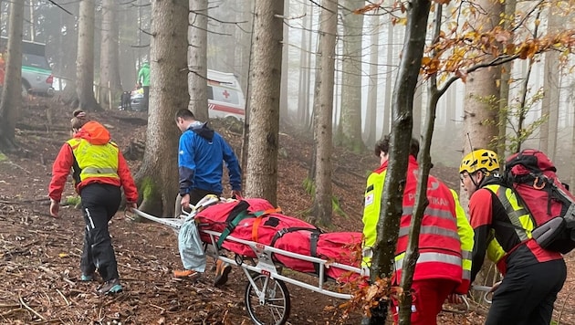 Nachdem das Bein der Verletzten geschient war, konnten die Bergretter die Frau aus dem Wald hinaustragen. (Bild: Bergrettung Villach)