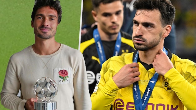 Mats Hummels nach dem verlorene Champions-League-Finale (re.) und mit der Trophäe für die Nominierung ins Team der Saison. (Bild: AP/AP, Instagram.com/aussenrist15)