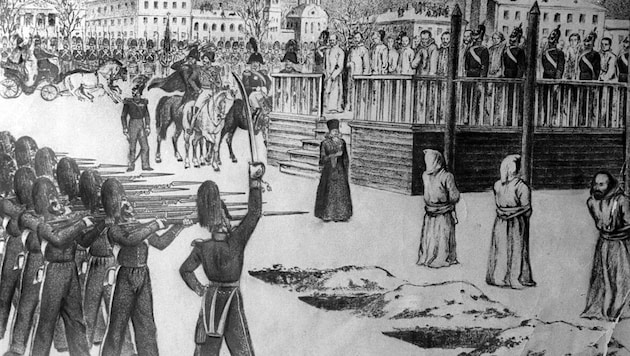 Dostoyevsky's mock execution on the parade ground of the Semyonovsky Guards in St. Petersburg in the winter of 1849. (Bild: Wikipedia)