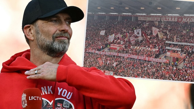 Die Mainz-Fans haben mit Jürgen Klopps neuer Station wenig Freude. (Bild: AFP/AFP, Twitter.com/ EuroFoo)