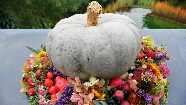 A pumpkin becomes an eye-catcher in the middle of the flower wreath - just one of many ideas for using the pumpkin as a decorative element. (Bild: the.heartgarden/Patrizia Haslinger)