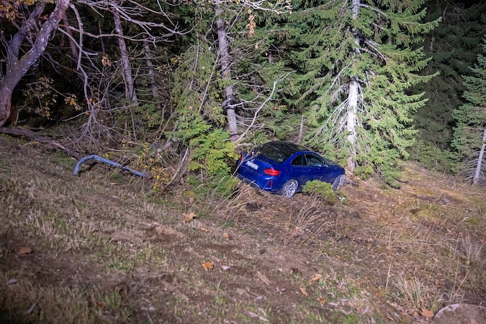 The car skidded about 20 meters down the steep slope, where it was caught by a spruce tree.