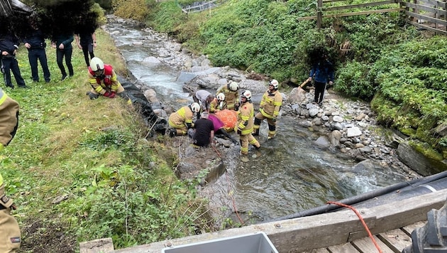 Mit einem Kran hob die Feuerwehr das Pferd aus dem Bach. (Bild: FF Ramingstein)