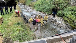 Mit einem Kran hob die Feuerwehr das Pferd aus dem Bach. (Bild: FF Ramingstein)