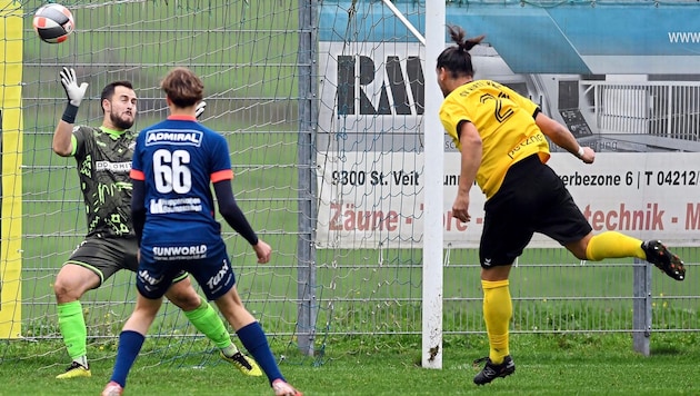 Flo Wieser köpfte nach Serdarevic-Flanke zum 2:1 für Kraig ein. (Bild: Sobe Hermann/Ersteller : Hermann Sobe , 9232 Rosegg, Urheberrecht , Credit -Photo by Medienservice HS H.Sobe)