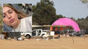 Shirel Golan überlebte das Supernova-Festival (im großen Bild nach dem Hamas-Angriff), konnte aber offenbar nicht mit den furchtbaren Erfahrungen fertig werden. (Bild: Krone KREATIV/AFP, x.com/Ostrov_A)