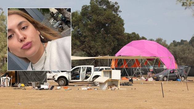 Shirel Golan survived the Supernova Festival (in the large picture after the Hamas attack), but was apparently unable to cope with the terrible experience. (Bild: Krone KREATIV/AFP, x.com/Ostrov_A)