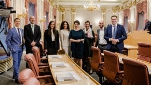 Landesrat Kaineder (re.) mit dem Grünen Klub: Reinhard Ammer, Rudi Hemetsberger, Anne-Sophie Bauer, Ines Vukajlović, Dagmar Engl, Ulrike Schwarz, Severin Mayr (v. li.). (Bild: Werner Dedl, Berufsfotograf)