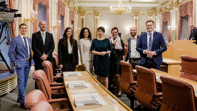 Landesrat Kaineder (re.) mit dem Grünen Klub: Reinhard Ammer, Rudi Hemetsberger, Anne-Sophie Bauer, Ines Vukajlović, Dagmar Engl, Ulrike Schwarz, Severin Mayr (v. li.). (Bild: Werner Dedl, Berufsfotograf)