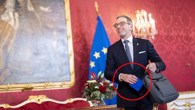 FPÖ-Chef Herbert Kickl kam mit Laptop und einer blauen Box zum Gespräch mit Bundespräsident Alexander Van der Bellen. (Bild: APA/Georg Hochmuth, Krone KREATIV)