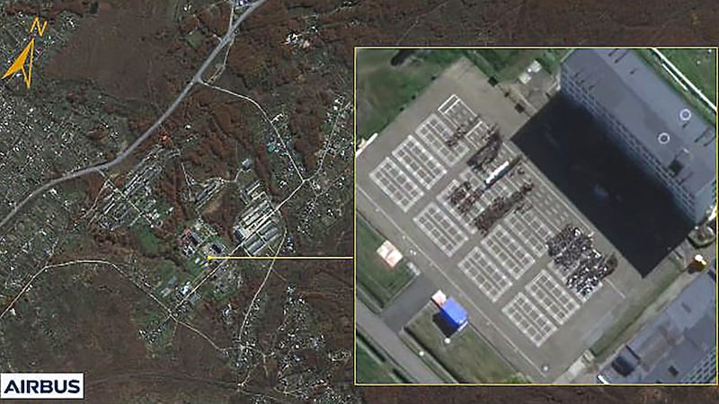 Satellite images of the Russian military base Ussuriysk, where, according to the South Korean secret service, soldiers from North Korea are being prepared for their deployment in Ukraine. (Bild: APA/AFP/AIRBUS DEFENCE AND SPACE/SOUTH KOREA‘S NATIONAL INTELLIGENCE SERVICE/Handout)