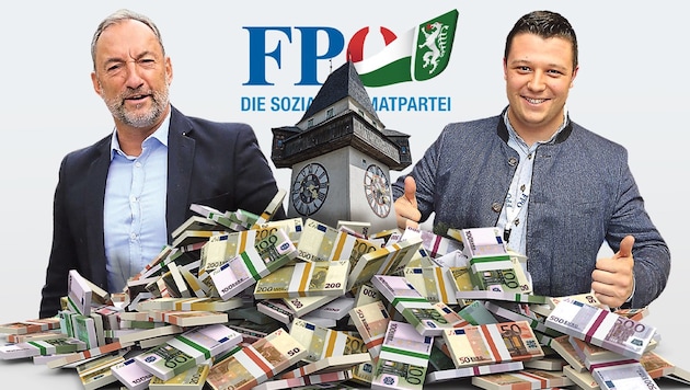 Vorwürfe gegen Grazer Ex-FPÖ-Chef Mario Eustacchio (links): Reisen und Weine über Spesen abgerechnet. KFG-„Aufdecker“ Alexis Pascutti (rechts): „Neuer Schwung in Ermittlungen.“ (Bild: Krone KREATIV/Christian Jauschowetz, stock.adobe)