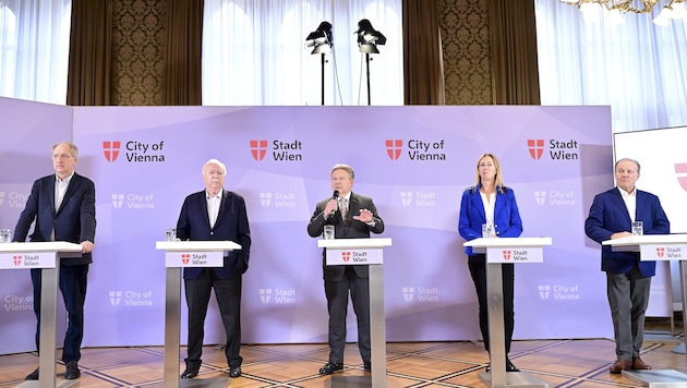 From left: Vice Rector for Clinical Affairs at the Medical University of Vienna Oswald Wagner, WWTF President Michael Häupl, Mayor Michael Ludwig, specialist in clinical immunology at the Medical University of Vienna Eva Untersmayr-Elsenhuber and CEO of the WE&amp;ME Foundation Gerhard Ströck. (Bild: Stadt Wien / Christian Jobst)