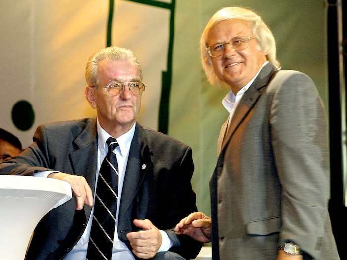 Der Bregenzer Ex-Präsident Hans Grill (li.) mit dem damaligen Sturm Graz-Trainer Gilbert Gress.
