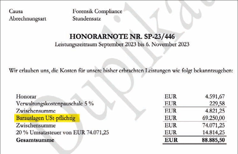 Hohe Barauslagen auf einer Honorarnote von Benko-Anwalt Prochaska (Bild: zVg)