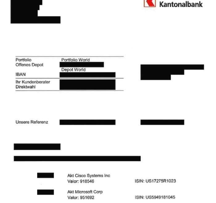 Extract from the share portfolio at a Swiss cantonal bank