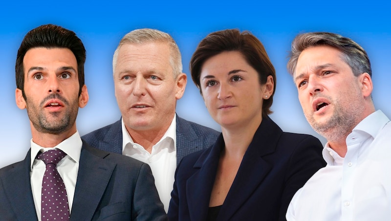 Von links: Udo Landbauer, Mario Kunasek, Marlene Svazek und Dominik Nepp äußern scharfe Kritik an Bundespräsident Alexander Van der Bellen.  (Bild: Krone KREATIV/Andreas Tröster, APA/GEORG HOCHMUTH, APA/ERWIN SCHERIAU, APA/HELMUT FOHRINGER)