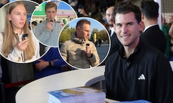 Marlies, Daniel und Richard (von li. nach re.) lassen sich das Match von Dominic Thiem (re.) ...