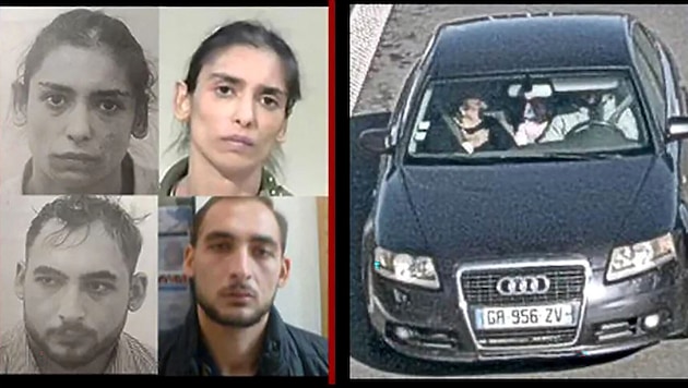 Mugshots of the newborn's parents and the getaway car (Bild: APA/AFP/BELGIAN FEDERAL POLICE)