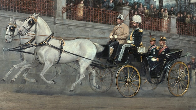 Kaiser Franz Joseph und König Alexander von Serbien in einer Leib-Victoria in Bad Ischl – Berthold Dominik Lippay, 1891, Kunsthistorisches Museum Wien, Wagenburg (Bild: © KHM-Museumsverband)