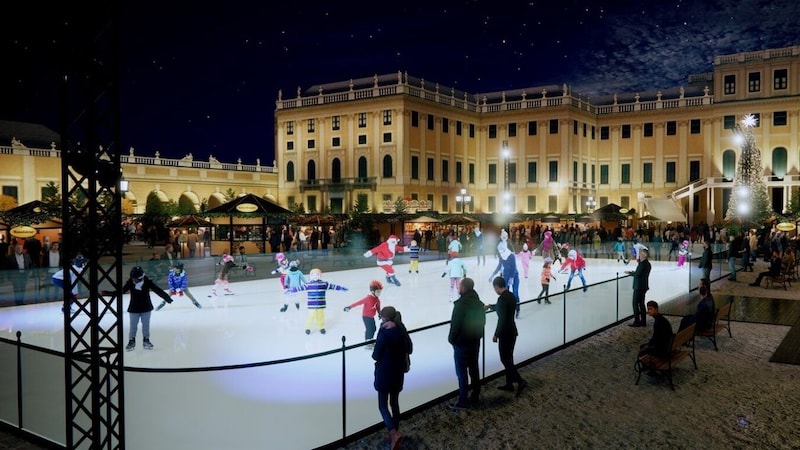 In Schönbrunn, there will be an ice skating rink at the Christmas market for the first time (visualization). (Bild: imperial markets)