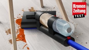 Der Dyson WashG1 soll „alles reinigen: von feinem Staub, kleinen Verschmutzungen und Haaren über Spritzer und verschüttete Flüssigkeiten bis hin zu schwereren Flecken, wie Ketchup, Sirup und Ölfilme oder Zahnpasta.“ (Bild: Krone KREATIV/Dyson)