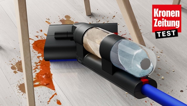 The Dyson WashG1 is said to "clean everything from fine dust, small dirt and hair, splashes and spills to heavier stains such as ketchup, syrup and oil stains or toothpaste." (Bild: Krone KREATIV/Dyson)