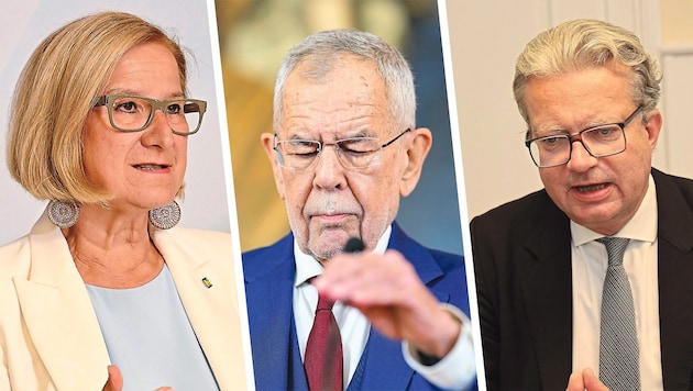 Johanna Mikl-Leitner jumps to the aid of her Styrian colleague Christopher Drexler, as does Thomas Stelzer. All three would have expected Van der Bellen to give Herbert Kickl the task of forming a government. (Bild: Krone KREATIV)