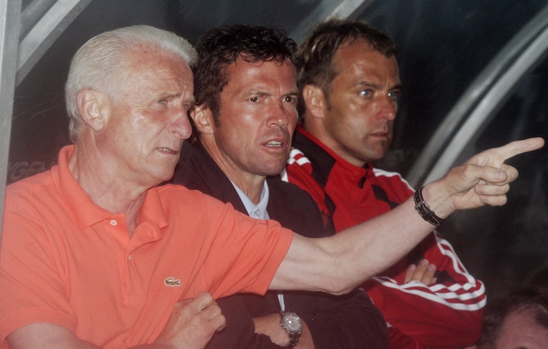 The Salzburg coaching trio in 2006: Giovanni Trapattoni, Lothar Matthäus and Hansi Flick (Bild: GEPA pictures)