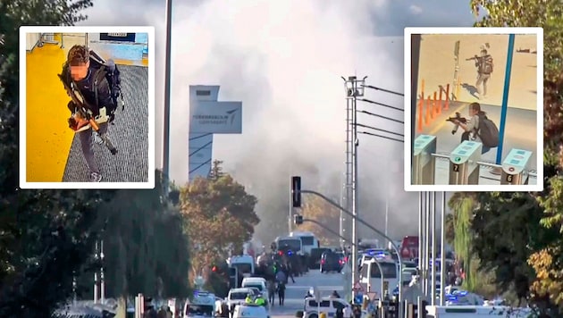 At least three terrorists stormed the building of the state-owned aerospace company Turkish Aerospace with firearms. (Bild: Krone KREATIV/AP Screenshots/Instagram.com)