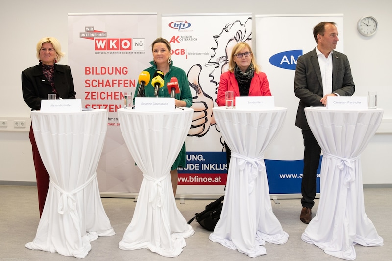 Alexandra Höfer (WK), Landesrätin Susanne Rosenkranz, Sandra Kern (AMS NÖ) und Christian Farthofer (BFI NÖ) betonen die Wichtigkeit der Lehre, um einem drohenden Facharbeitermangel vorzubeugen.  (Bild: Doris_SEEBACHER)