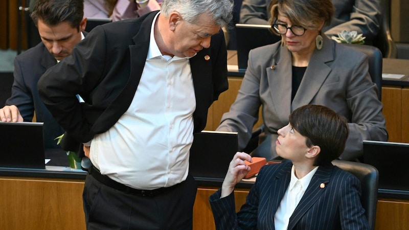 Kogler und Maurer hatten auch am ersten Tag einiges zu besprechen. (Bild: APA/ROLAND SCHLAGER)