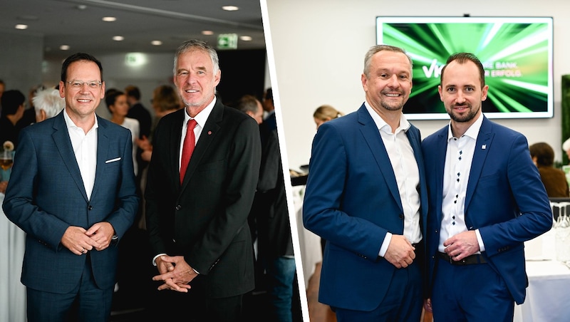 Klaus Kumpfmüller (Hypo OÖ) with Andreas Kolar, CFO of Energie AG; VKB CEO Markus Auer (r.) in conversation with tax consultant Markus Raml. (Bild: Krone KREATIV/Markus Wenzel (2))