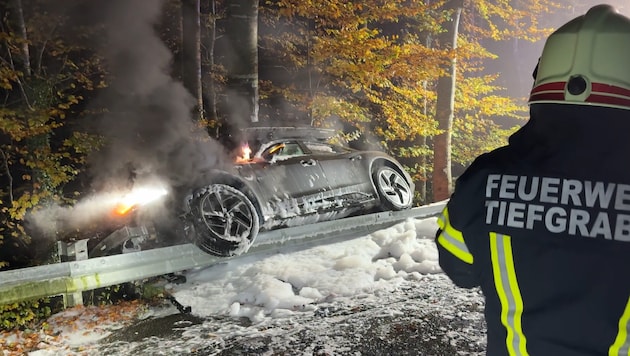 The car caught fire after the accident. (Bild: C. Stoxreiter)