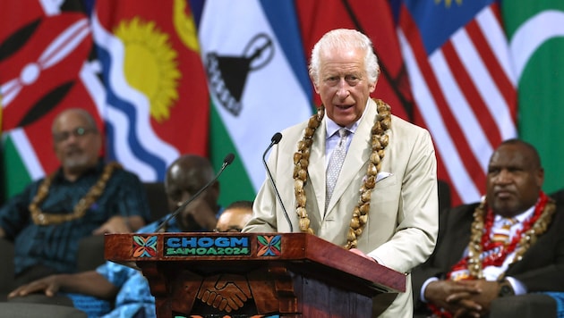 König Charles warnte beim Gipfeltreffen der Commonwealth-Staaten im pazifischen Samoa vor der „existenziellen“ Bedrohung durch den Klimawandel. (Bild: APA/AFP/POOL/Manaui FAULALO)