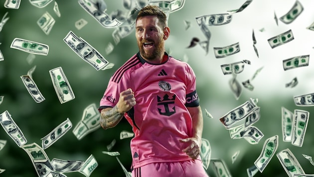 Geldregen für Lionel Messi (Bild: AFP/APA/Chris Arjoon, Photoshop)