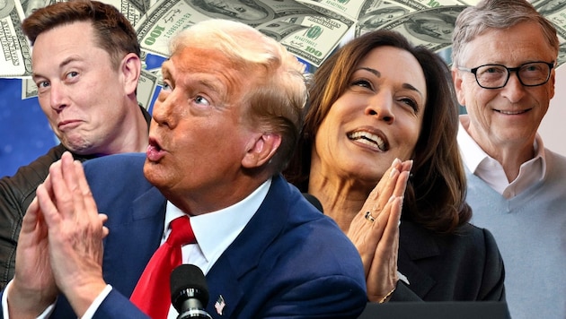 Billionaires make it rain campaign money: Musk for Trump, Gates (right) for Harris. (Bild: APA/AFP/Picturedesk/Britta Pedersen, Chandan Khanna, Jim Watson, Stock Adobe, Krone KREATIV)