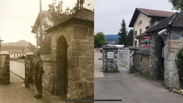 The gatehouse of the barracks in 1942 and the same photo from today. (Bild: Bundesheer)